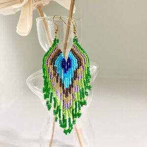 Beautiful Peacock Beaded Earrings - Green, Blue, Purple